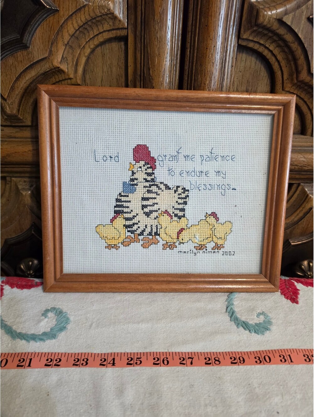 Framed Cross Stitch Hen Chicks Patience Blessings